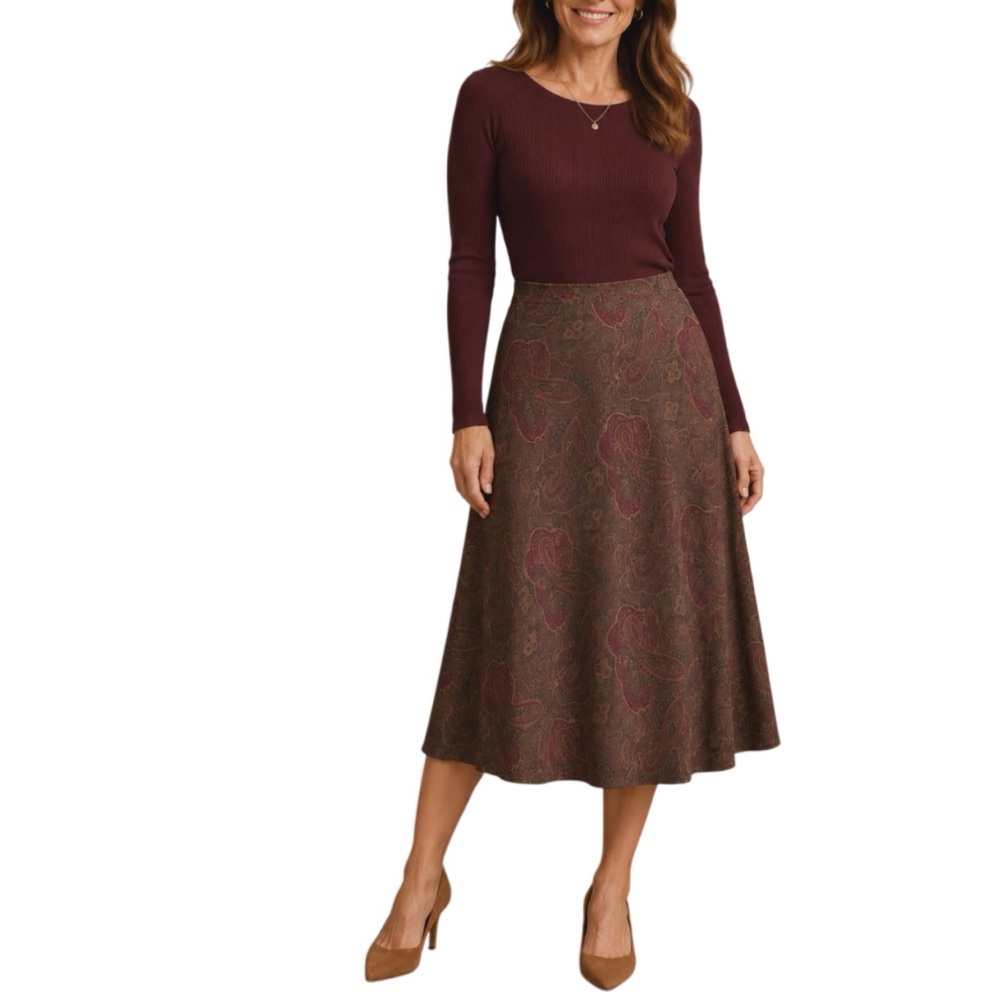 Lauren Ralph Lauren Vintage 1990s Silk A Line Midi Brown Paisley Skirt Size 10